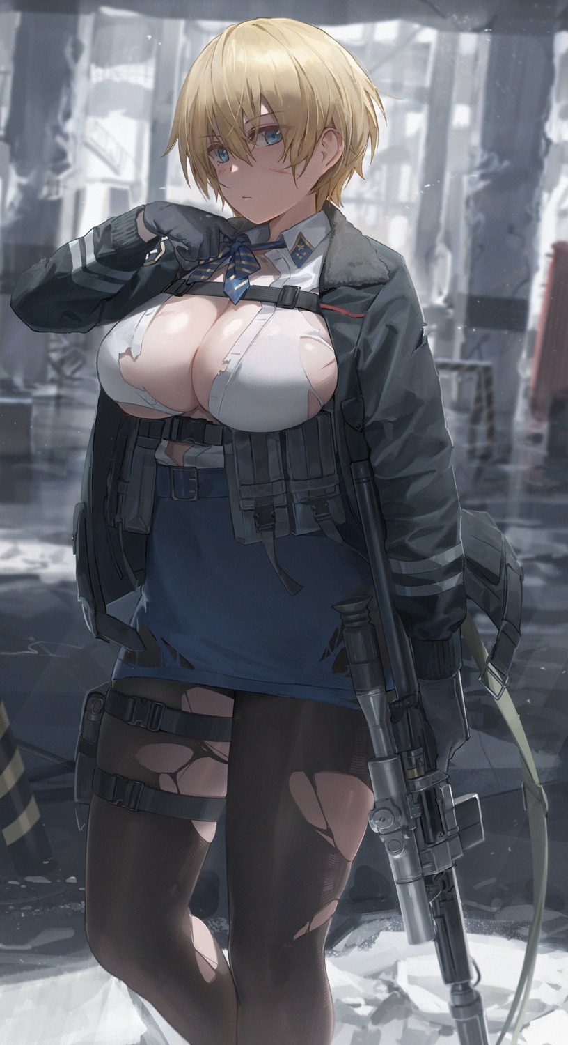 free_style_(yohan1754) garter girls_frontline gun no_bra open_shirt pantyhose skirt_lift torn_clothes uniform vsk-94_(girls_frontline)