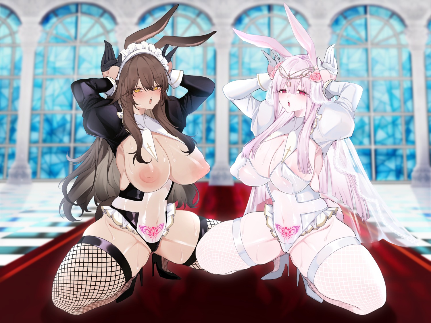 animal_ears anoyo_(anoyode0) areola breasts bunny_ears bunny_girl fishnets heels maid nipples no_bra see_through tail tattoo thighhighs wet