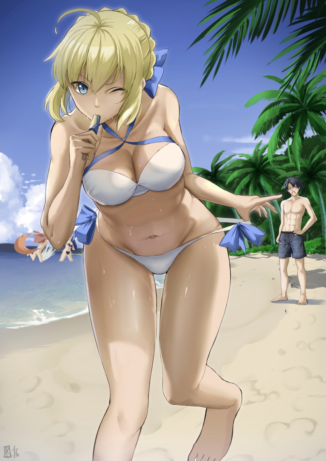 bikini cleavage fate/grand_order fate/stay_night kakekcaboel panty_pull saber swimsuits wet