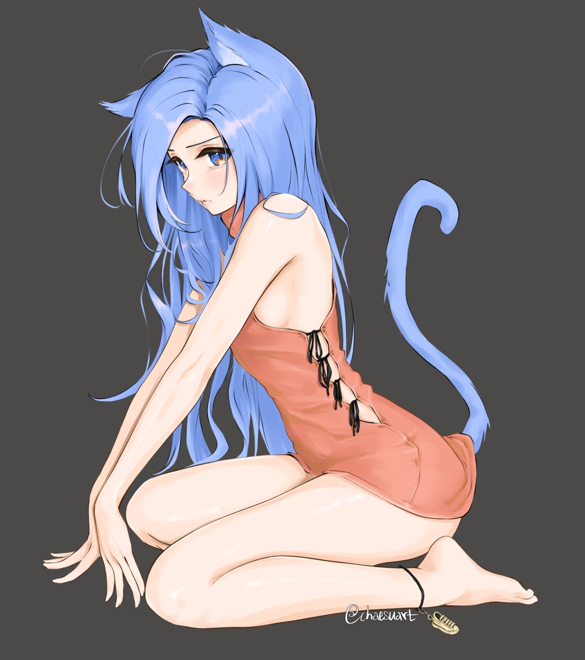 animal_ears chaesu dress feet minah_(chaesu) nekomimi no_bra skirt_lift tail