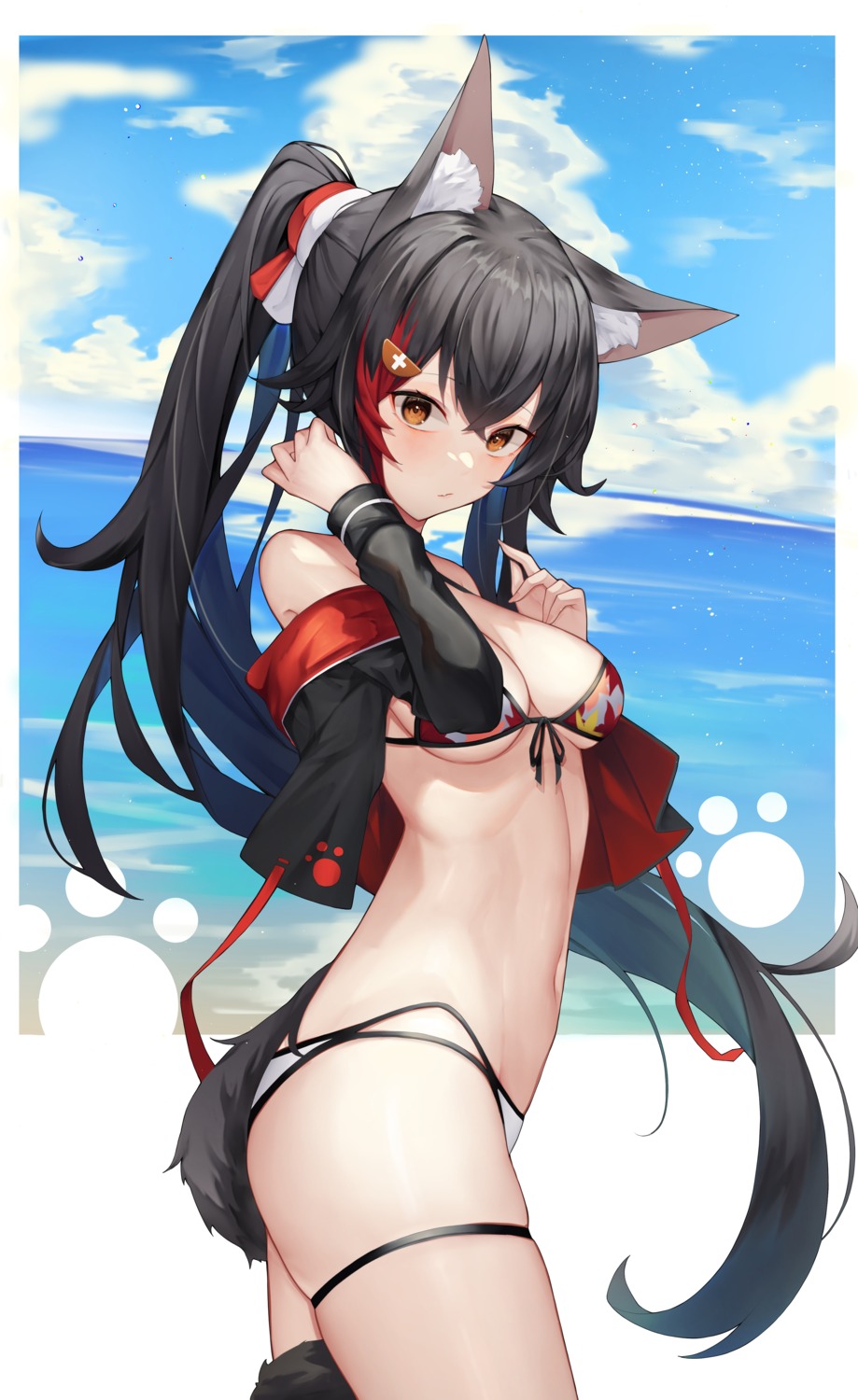 animal_ears aoria bikini garter hololive hololive_gamers ookami_mio open_shirt swimsuits tail