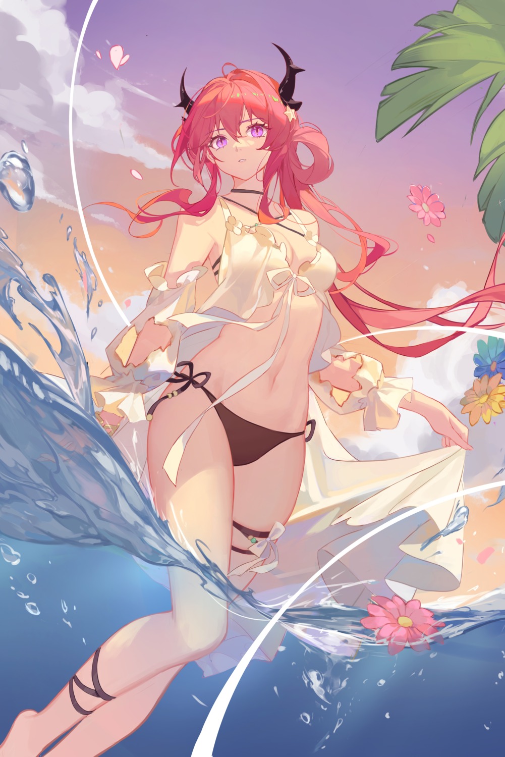 arknights bikini garter horns molianmengdada skirt_lift surtr_(arknights) swimsuits wet