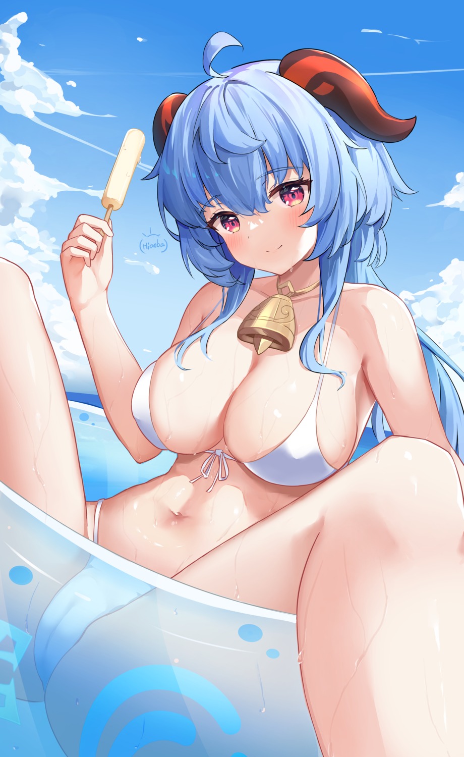 bikini cameltoe erect_nipples ganyu genshin_impact hiaoba horns swimsuits thong wet