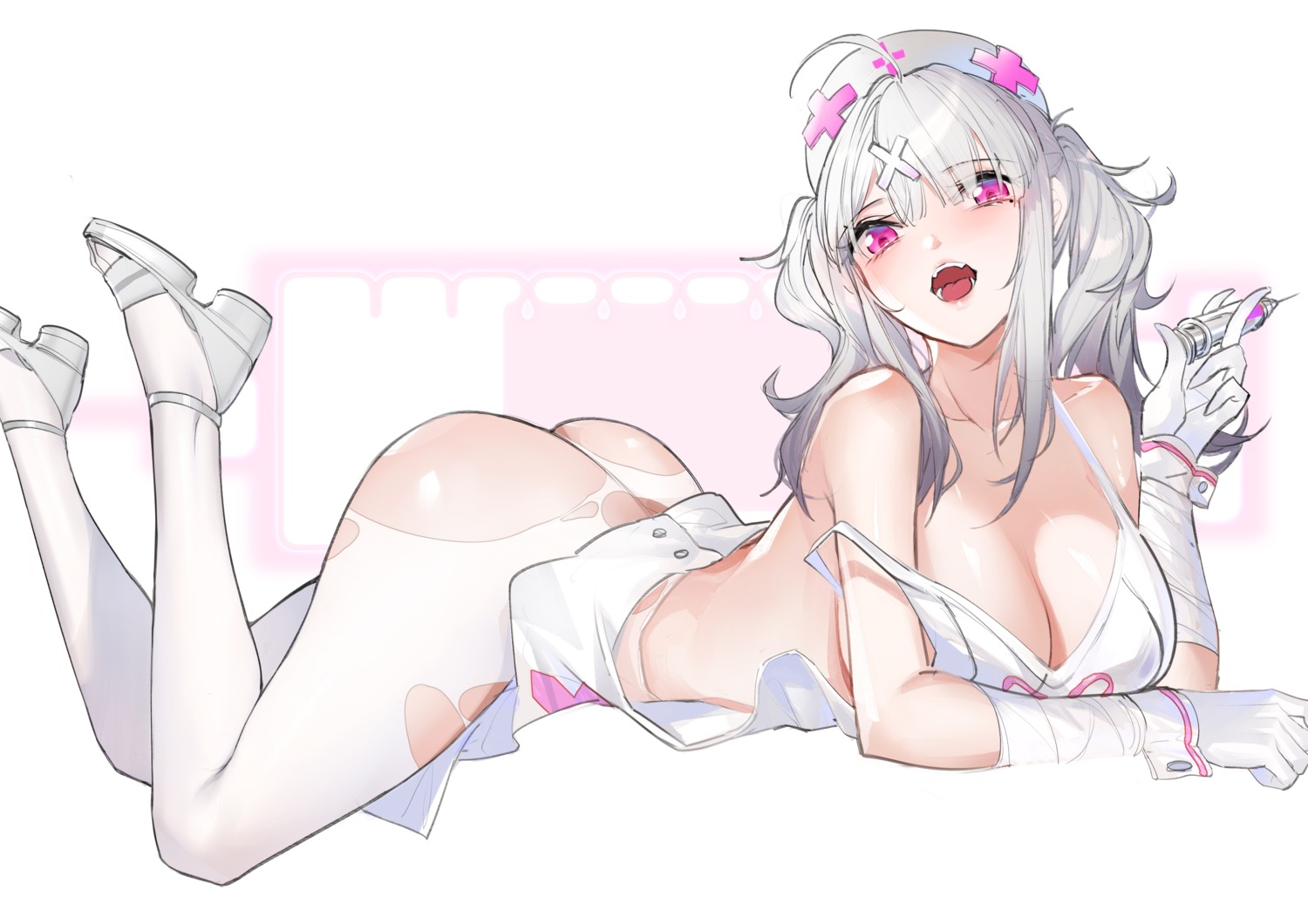 horz nijisanji no_bra nopan nurse pantyhose sukoya_kana torn_clothes