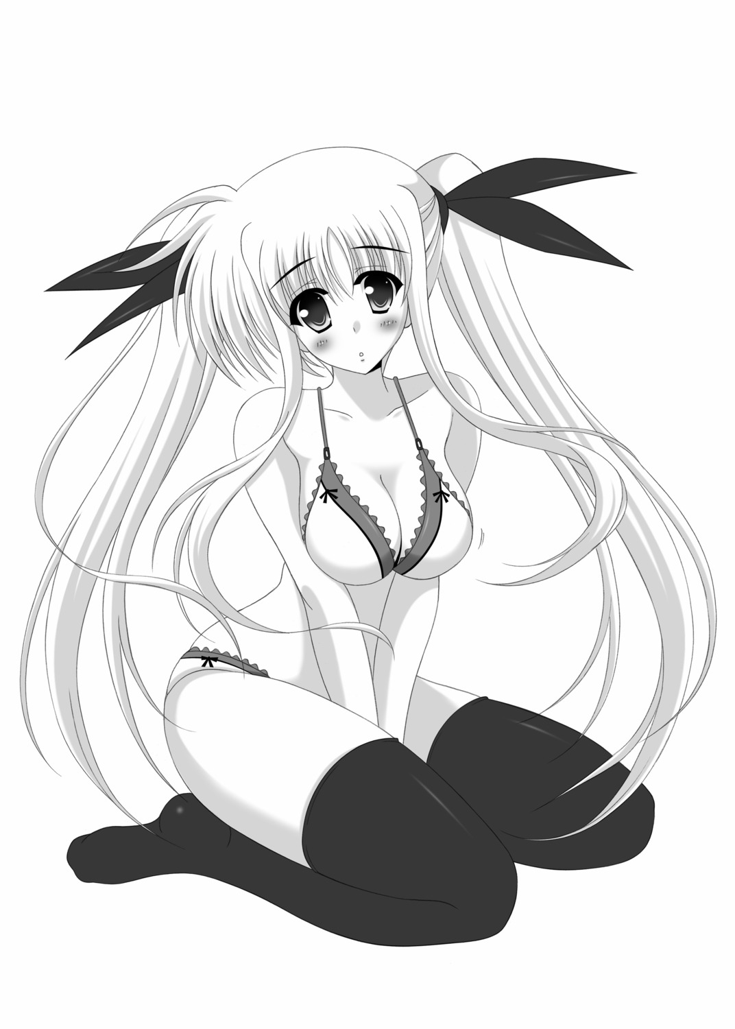 bra cleavage fate_testarossa mahou_shoujo_lyrical_nanoha mahou_shoujo_lyrical_nanoha_strikers monochrome oda_kenichi pantsu thighhighs