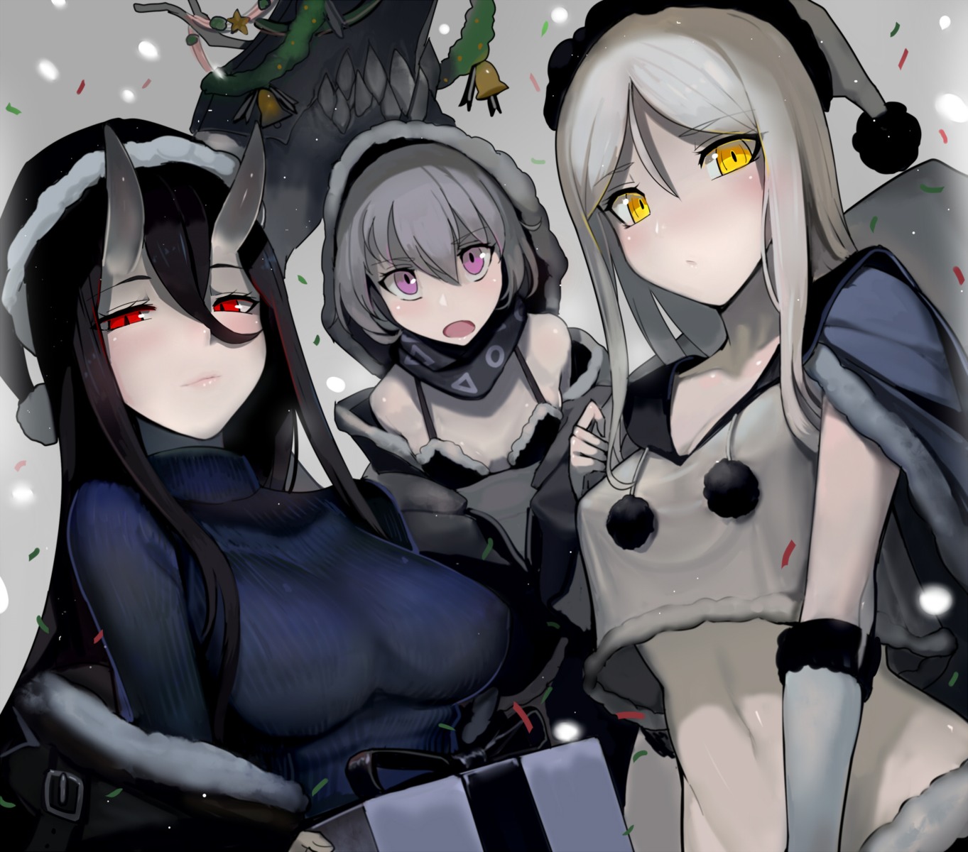 battleship-symbiotic_hime bikini_top christmas cleavage erect_nipples horns kantai_collection open_shirt re-class_battleship sweater swimsuits ta-class_battleship walzrj