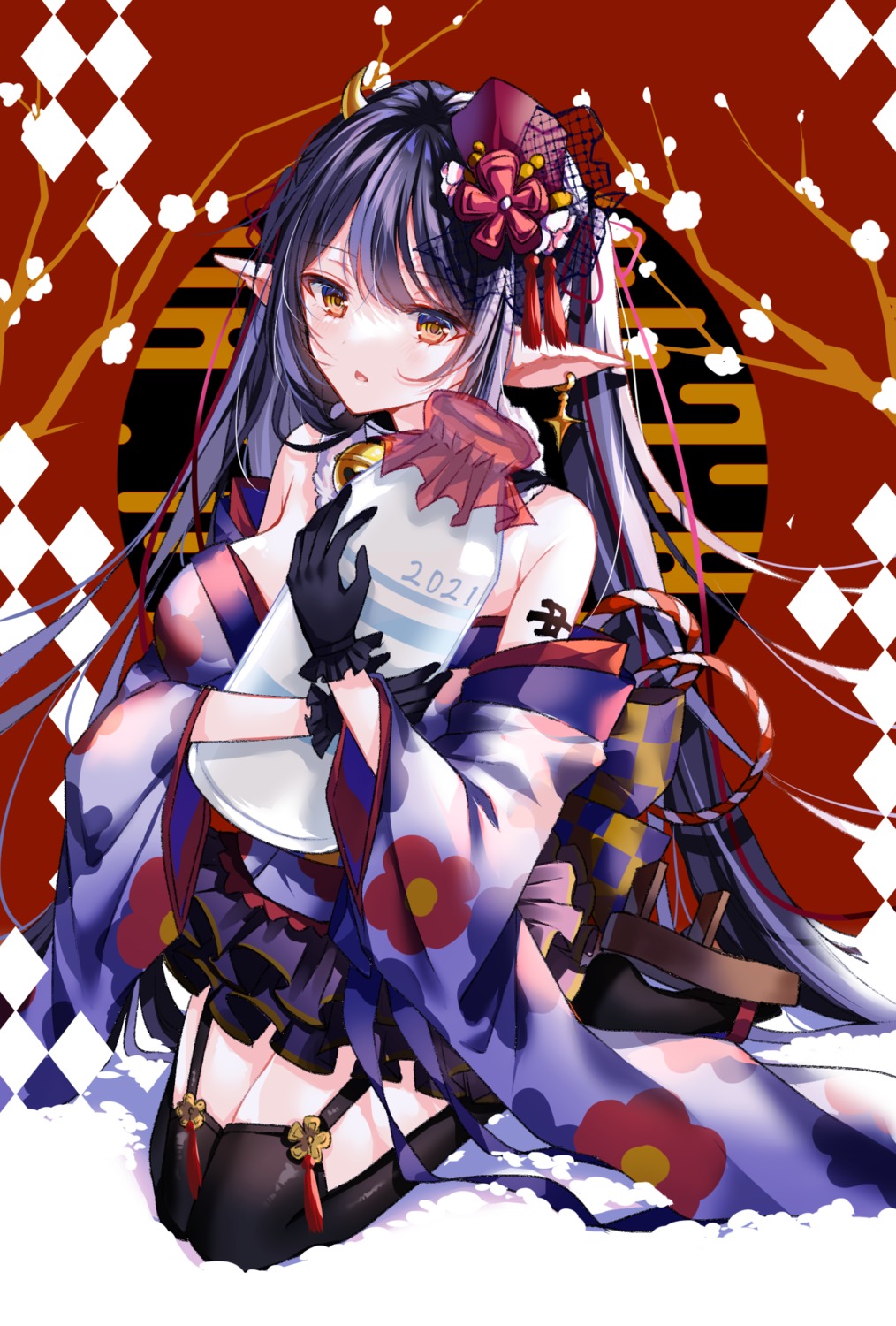 horns japanese_clothes myusha no_bra open_shirt pointy_ears stockings tattoo thighhighs