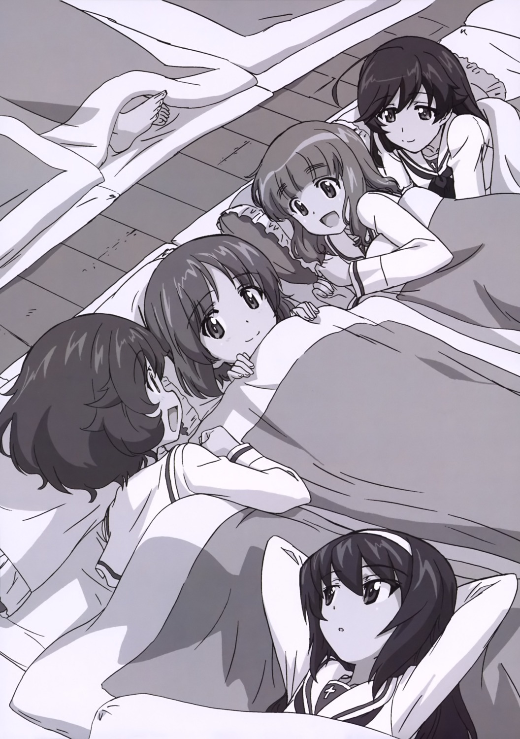 akiyama_yukari feet girls_und_panzer isuzu_hana monochrome nishizumi_miho reizei_mako seifuku sheets takebe_saori