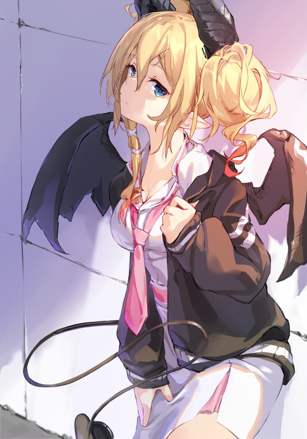 cleavage hololive horns open_shirt seifuku sweater t-bth tail undressing wings yuzuki_choco