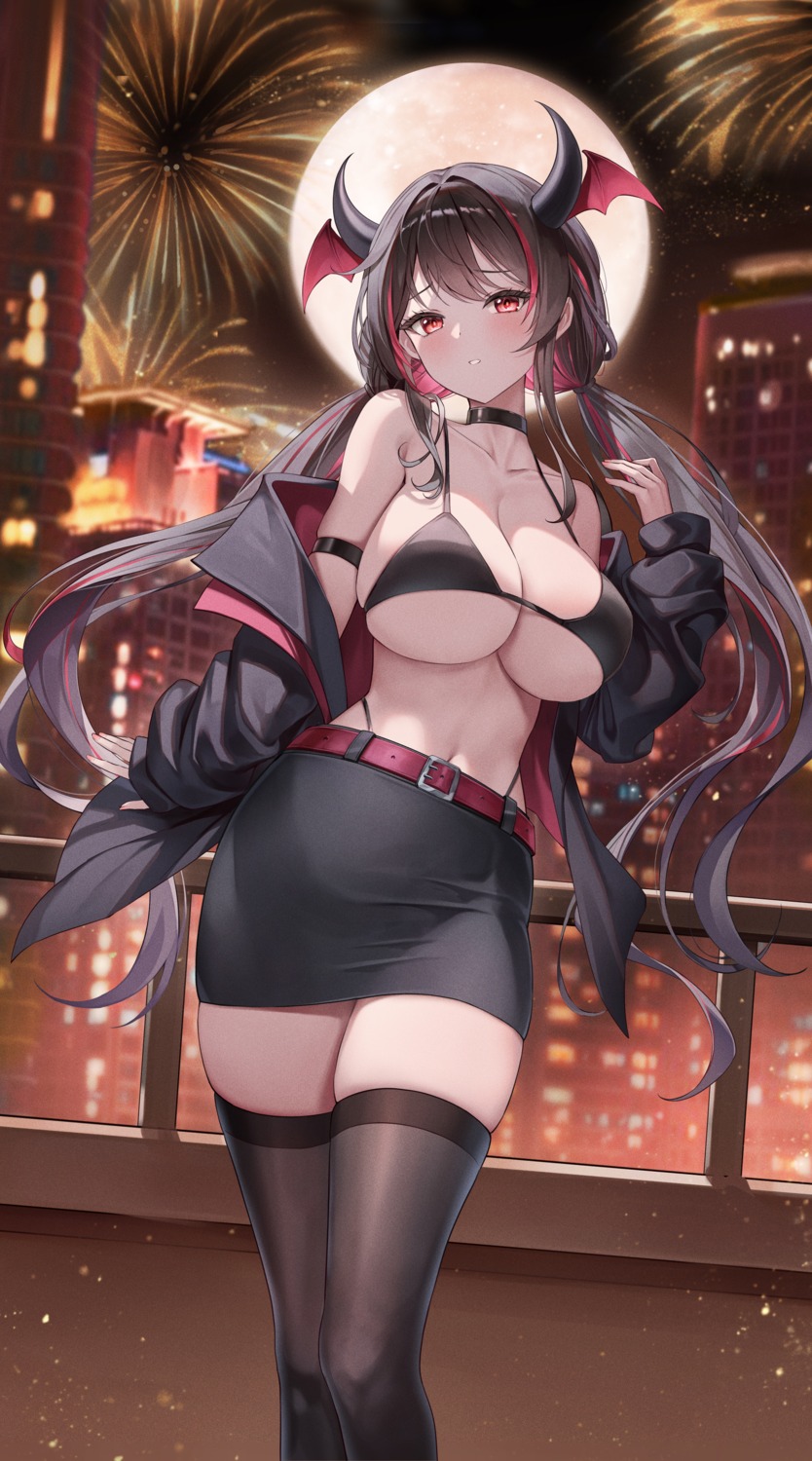 bikini devil horns lunacle open_shirt swimsuits thighhighs wings