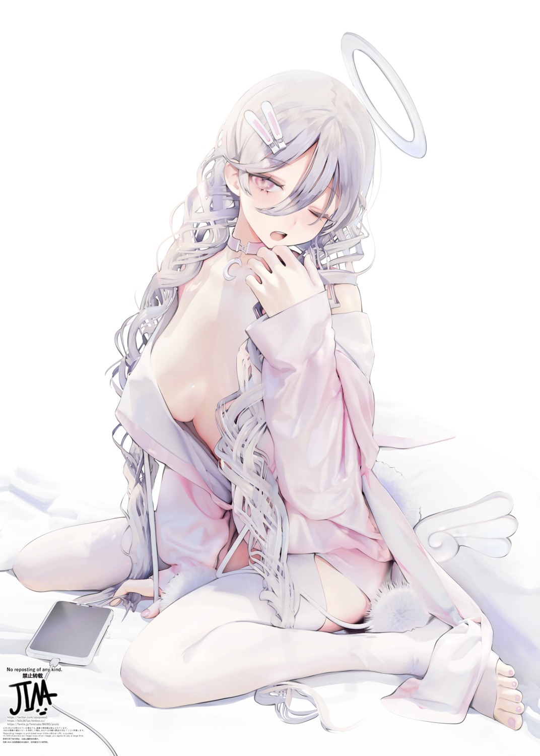 angel feet iijima_masashi no_bra open_shirt thighhighs wings