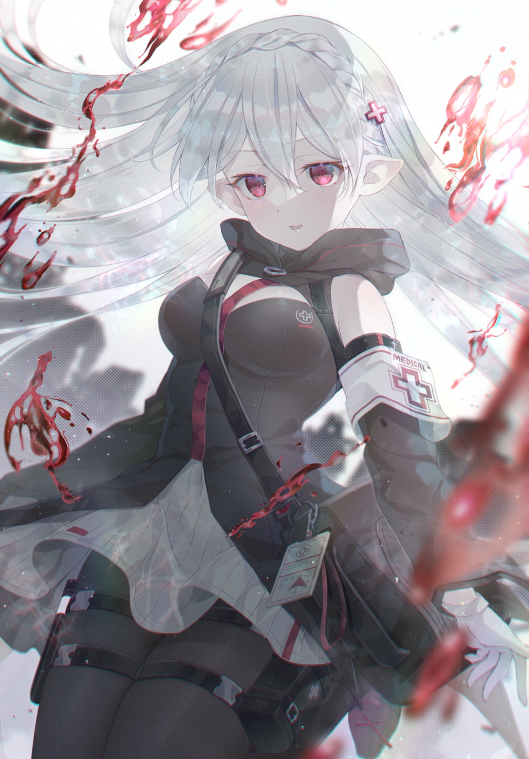 arknights blood cleavage garter pantyhose pointy_ears skirt_lift soukuu_kizuna warfarin_(arknights)