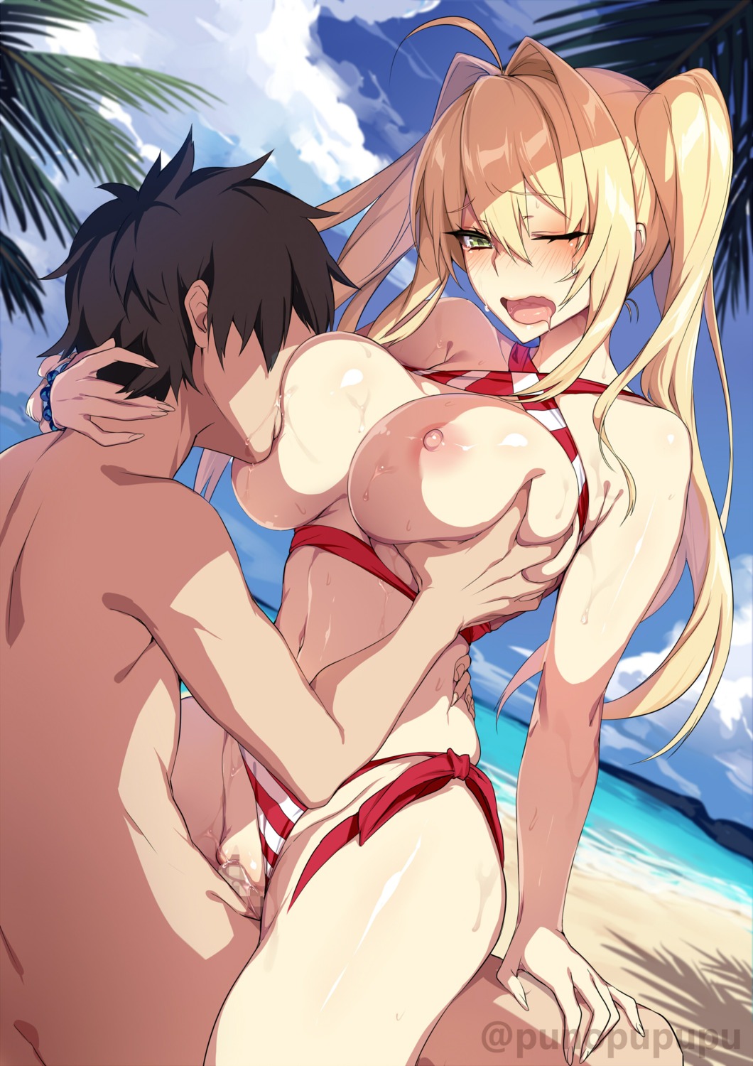 bikini breast_grab breasts censored fate/grand_order nipples official_watermark penis pussy pussy_juice puuzaki_puuna saber_extra sex swimsuits