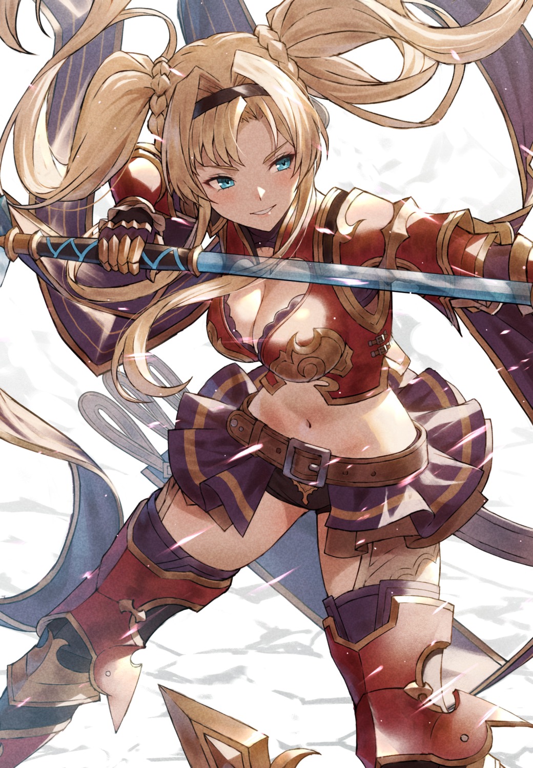 armor bikini_armor fagi_(kakikaki) granblue_fantasy skirt_lift thighhighs weapon zeta_(granblue_fantasy)