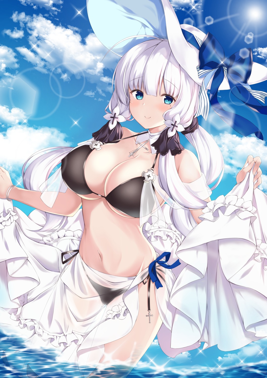 azur_lane bikini cleavage illustrious_(azur_lane) mamizu see_through skirt_lift swimsuits underboob wet