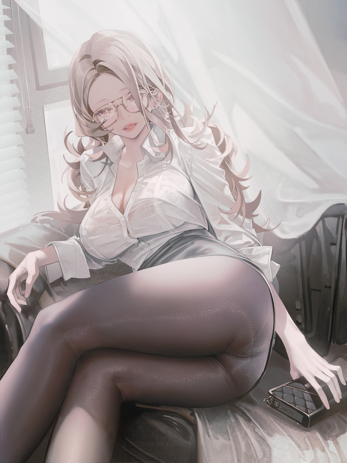 ass bra dress_shirt koi_han megane open_shirt pantsu pantyhose see_through skirt_lift