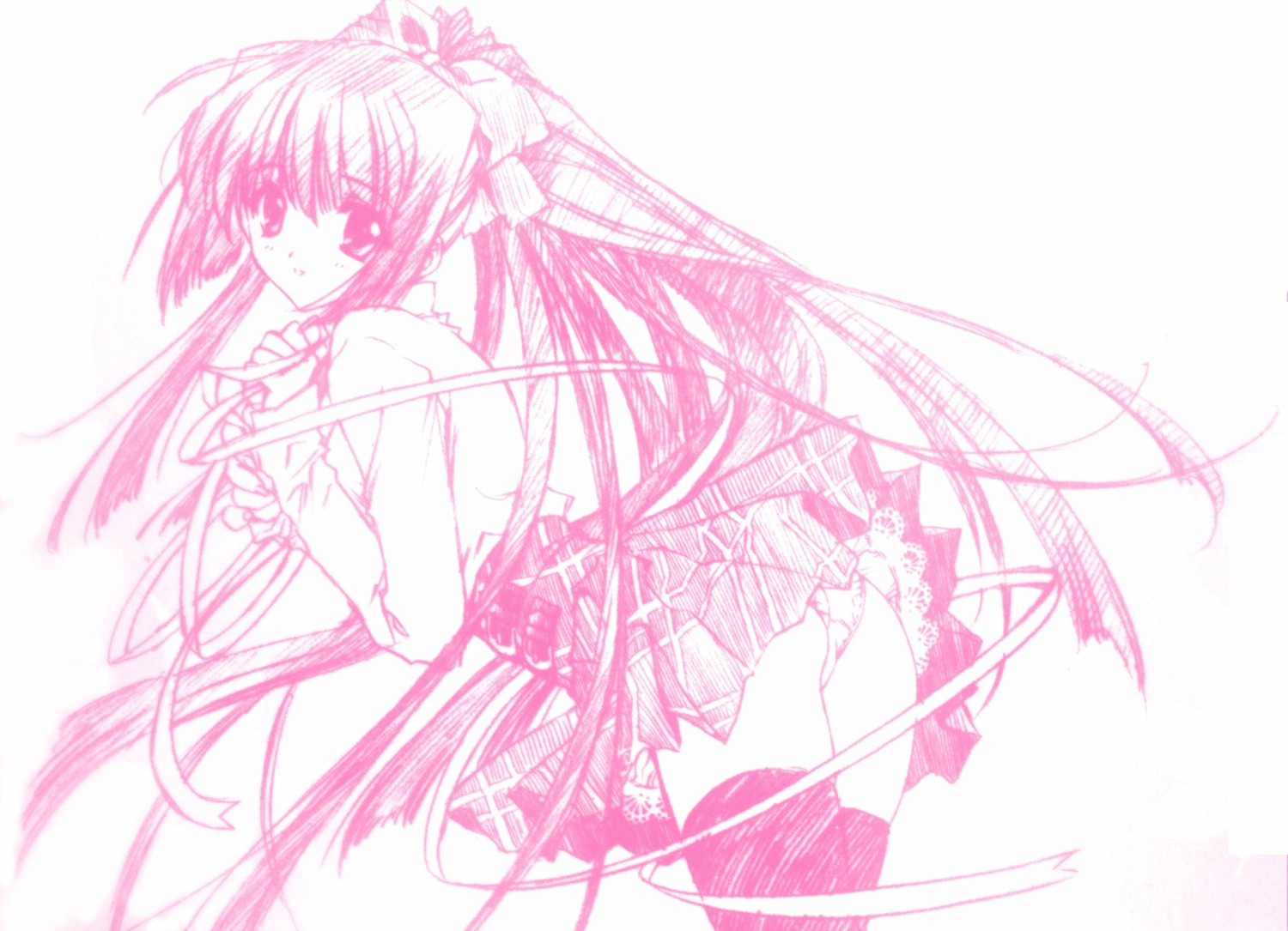 ass carnelian dress kao_no_nai_tsuki kuraki_suzuna monochrome orbit pantsu sketch thighhighs