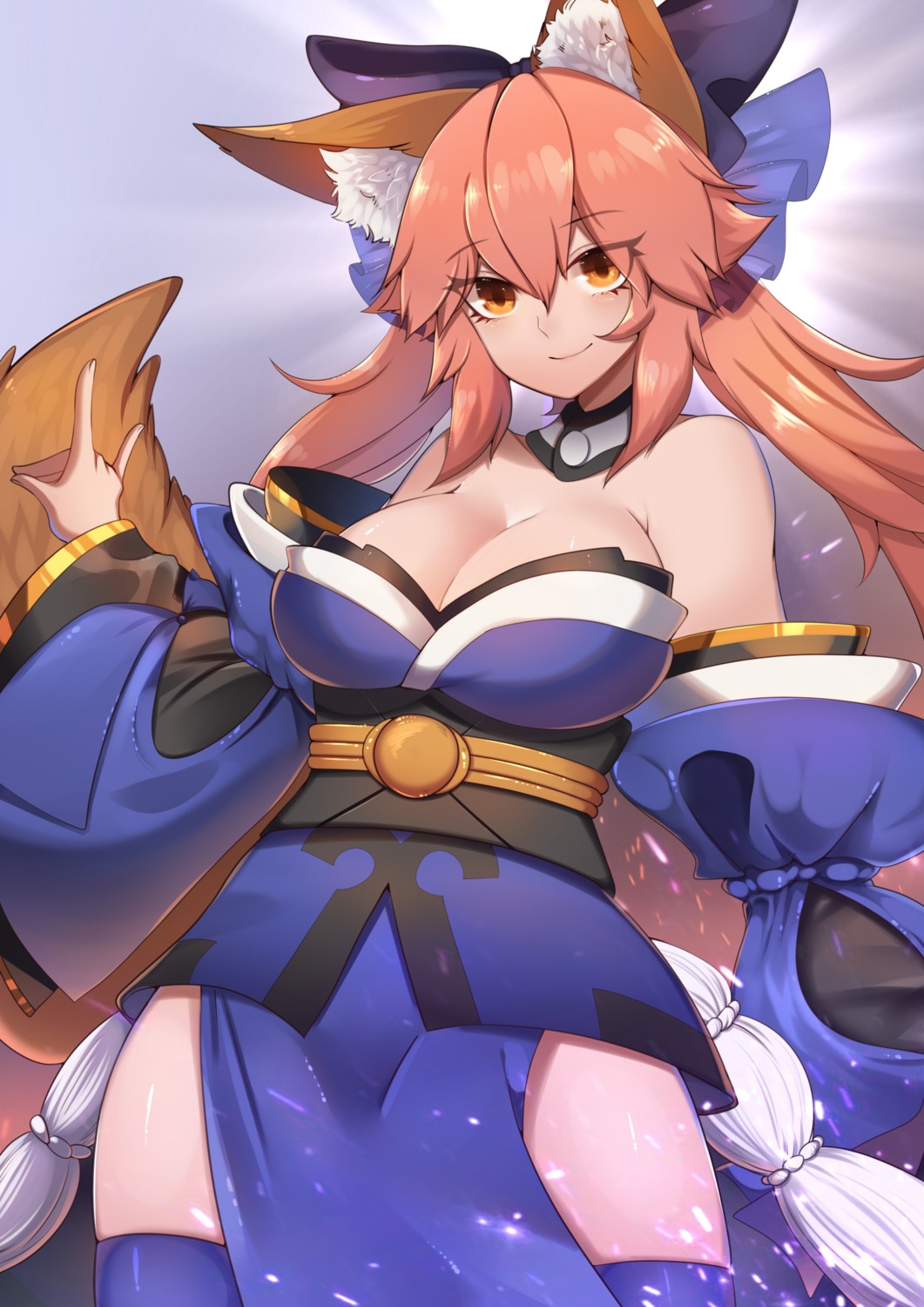animal_ears cleavage fate/grand_order japanese_clothes kitsune no_bra rayrie tail tamamo_no_mae thighhighs