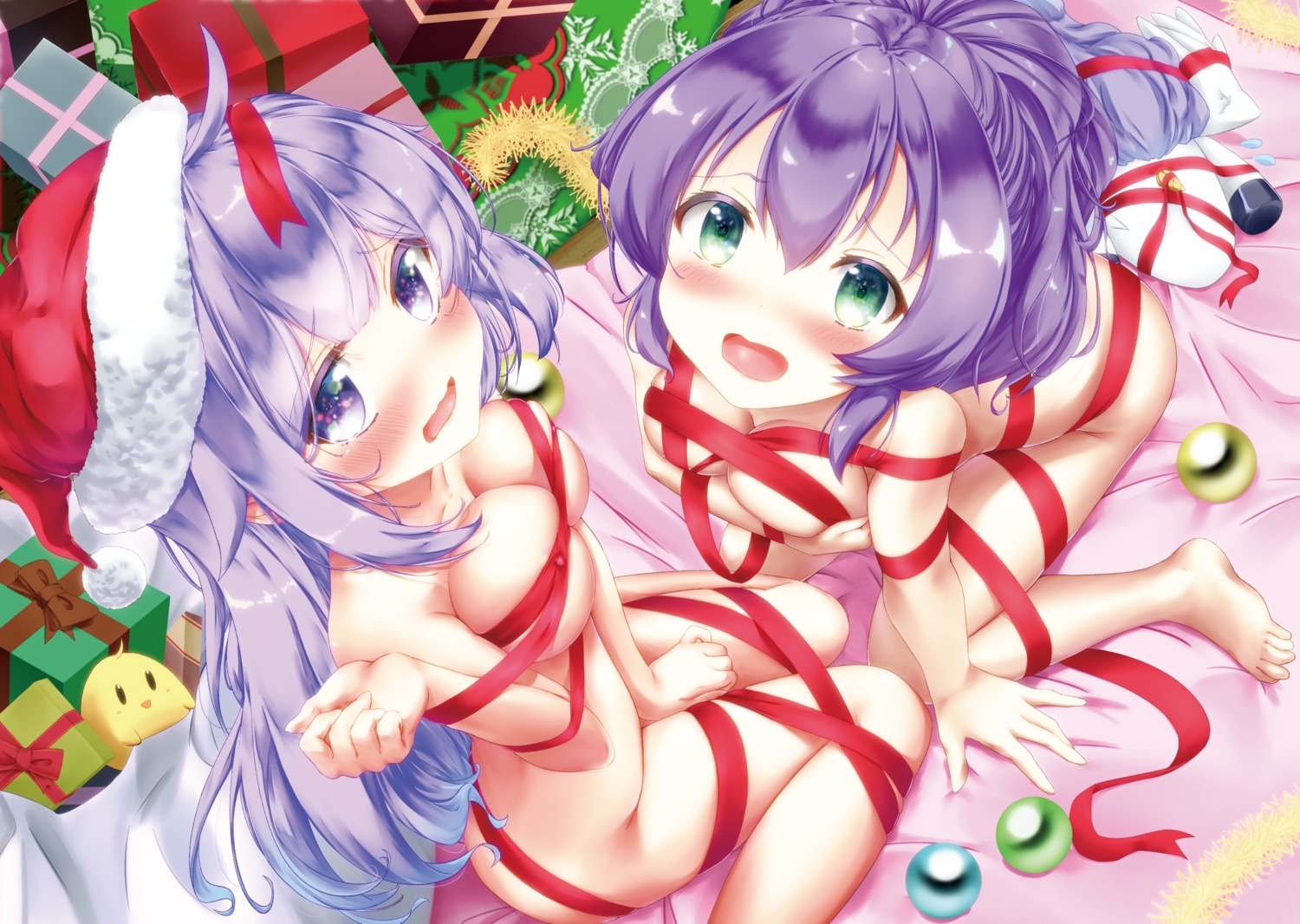 areola azur_lane breast_hold christmas erect_nipples javelin_(azur_lane) loli manjuu_(azur_lane) naked_ribbon unicorn_(azur_lane) wakamoto_riwo