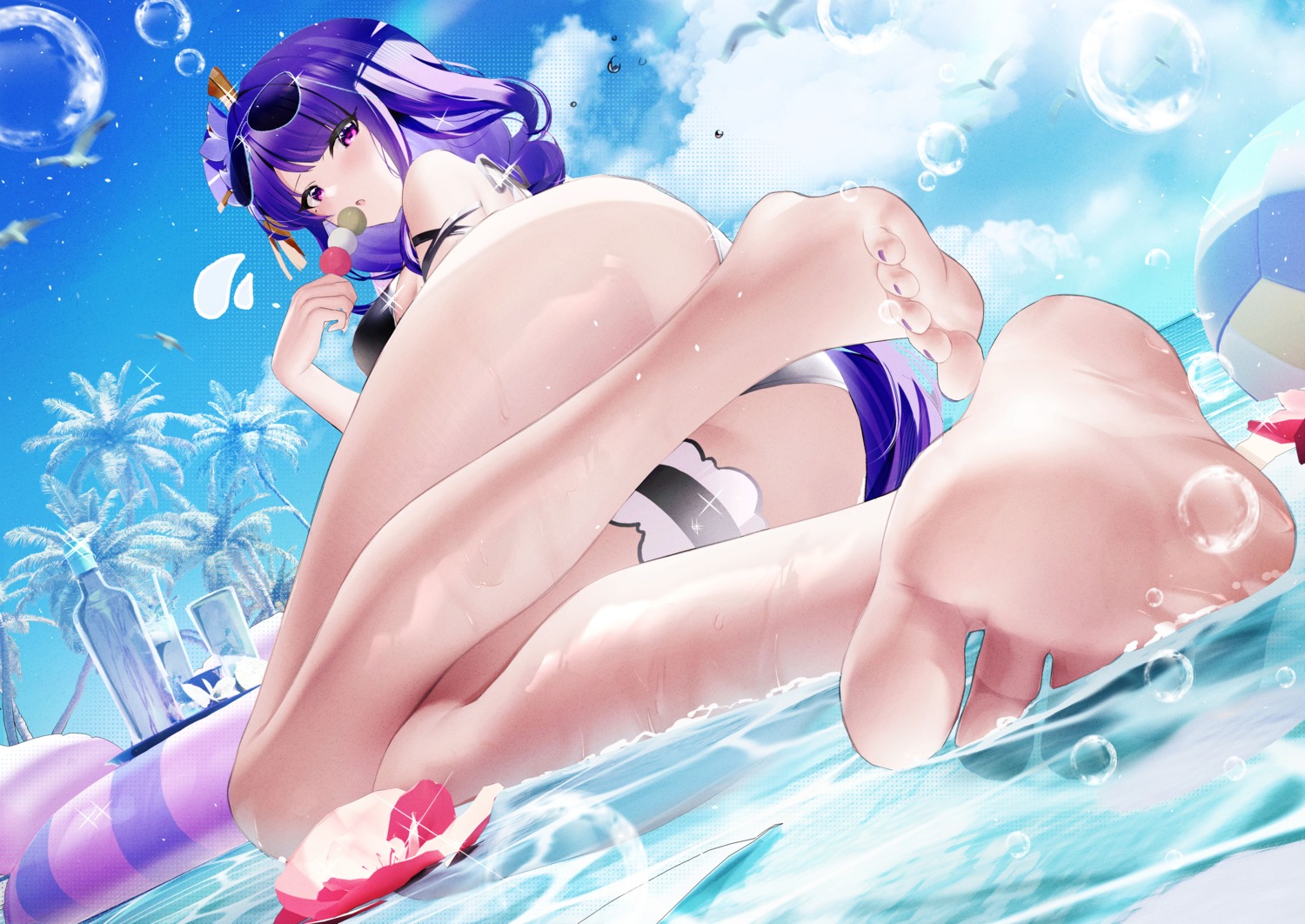 bikini fantongjun feet garter genshin_impact megane raiden_shogun swimsuits wet