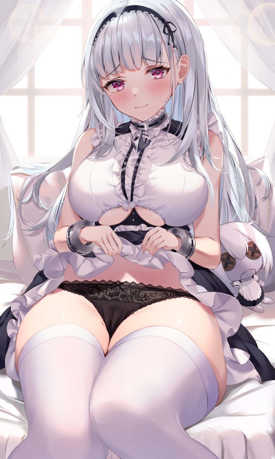 azur_lane cameltoe chibi dido_(azur_lane) maid pantsu sg_(satoumogumogu) skirt_lift thighhighs underboob