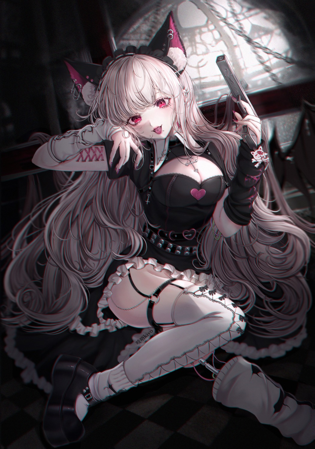 animal_ears garter gun maid skirt_lift stockings thighhighs zombie220