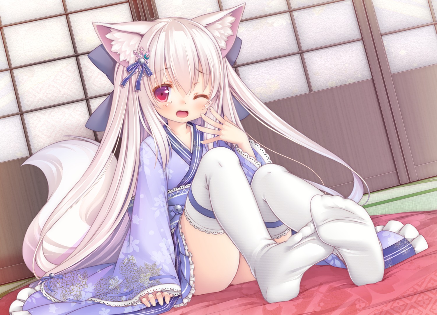 animal_ears feet japanese_clothes kupuru tail thighhighs