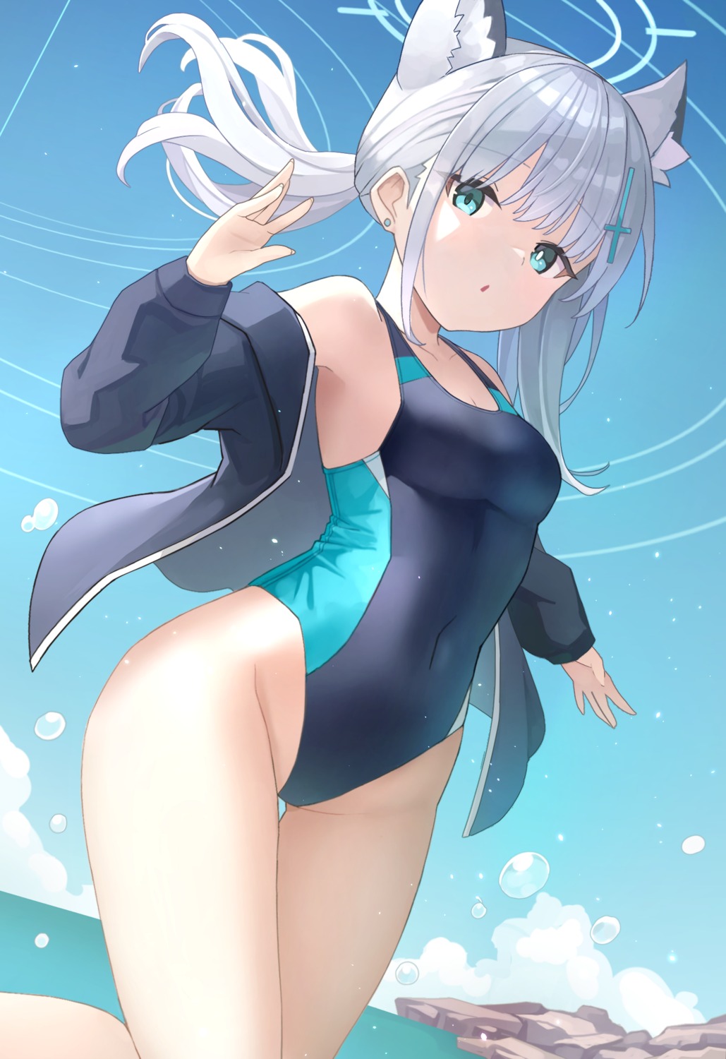 animal_ears blue_archive halo nekomimi nomio open_shirt sunaookami_shiroko swimsuits