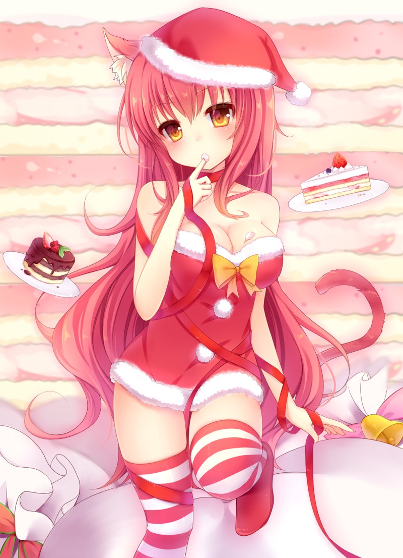 animal_ears christmas cleavage cream dress nachi nekomimi tail thighhighs