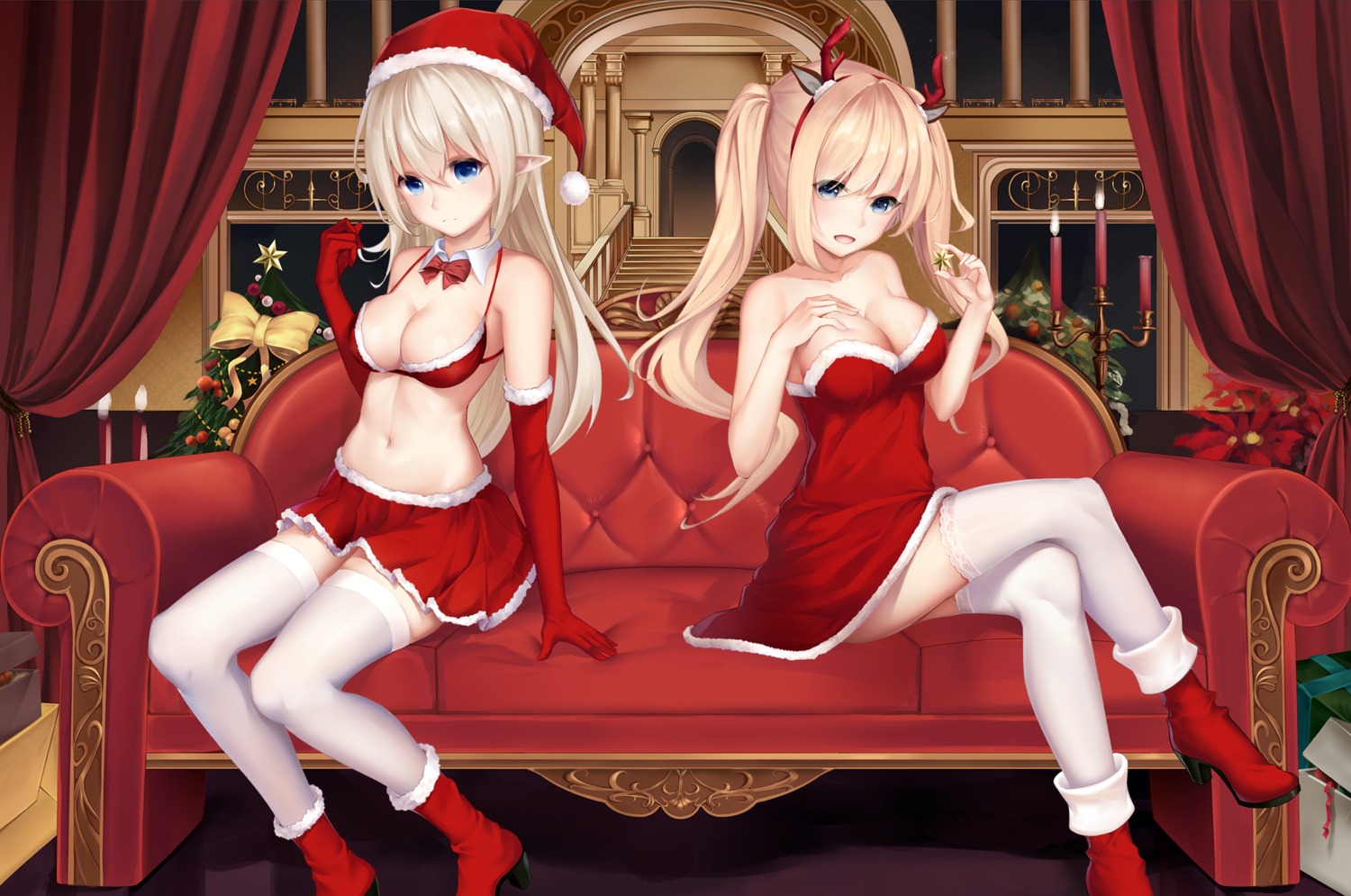 animal_ears bikini_top christmas dress heels horns karin_(fineyanny) pointy_ears swimsuits thighhighs