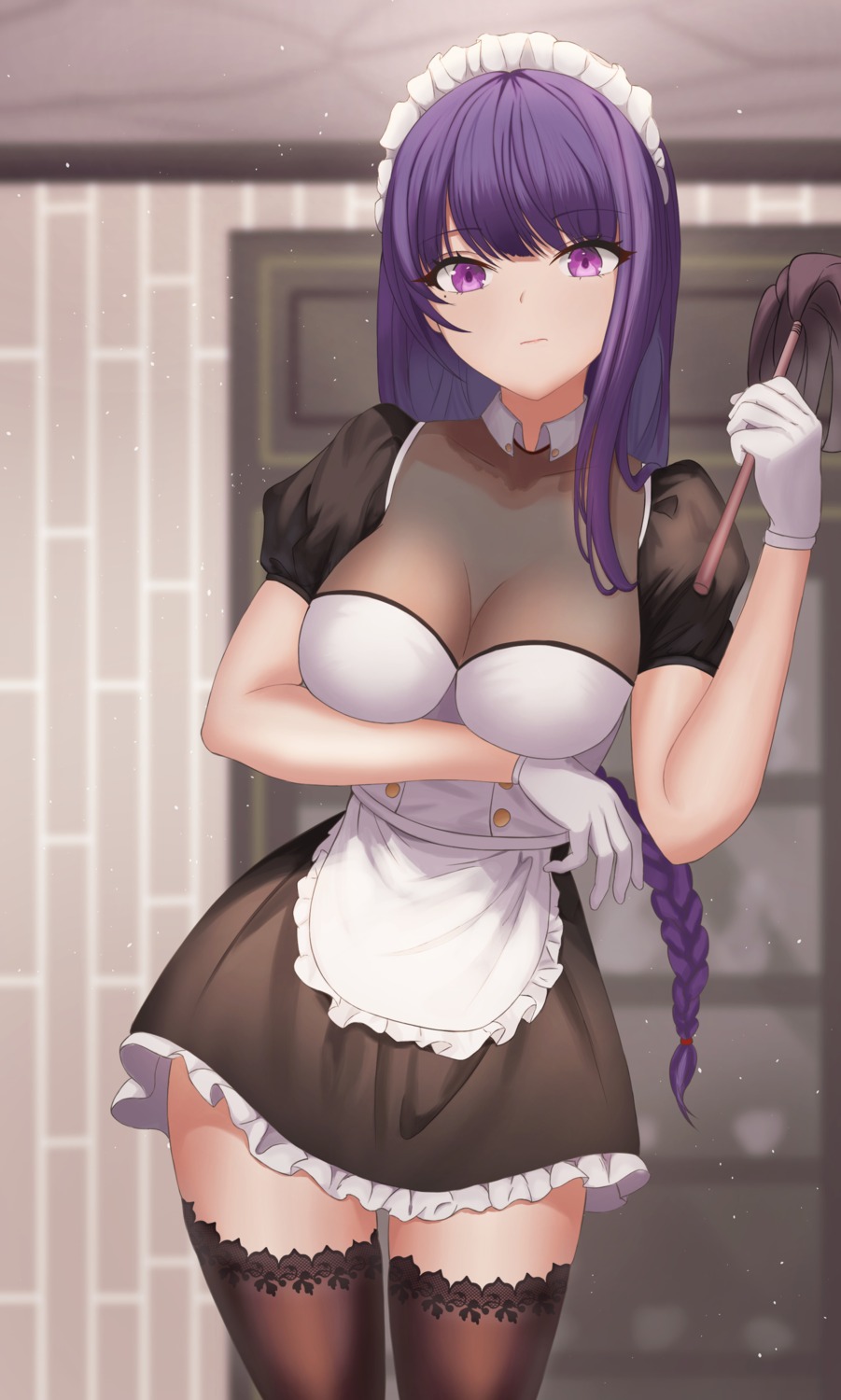 genshin_impact maid no_bra raiden_shogun raura.shun see_through thighhighs