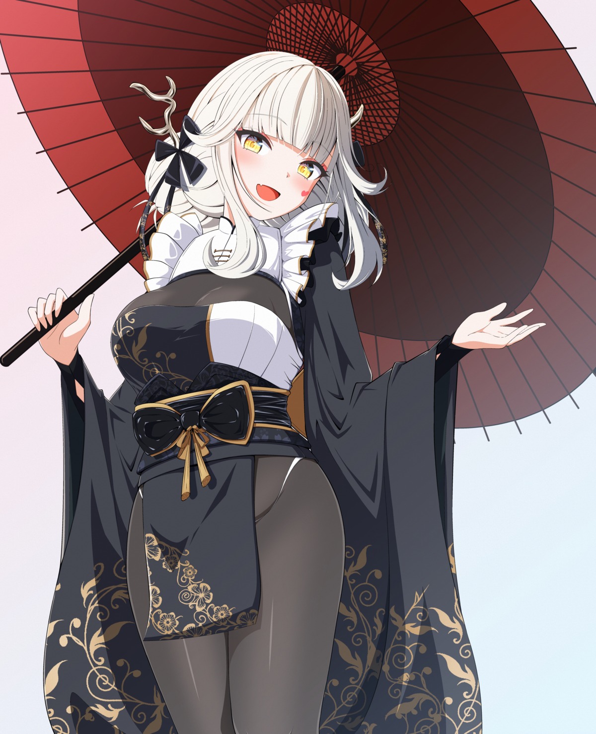 blanc_(nikke) horns japanese_clothes nikke_the_goddess_of_victory pantyhose tattoo umbrella yuyuchi_(gyazaa)