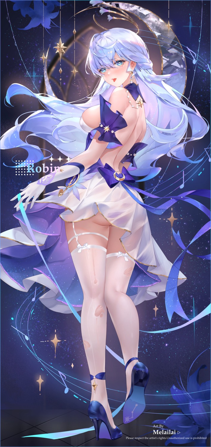 garter halo heels honkai:_star_rail melailai no_bra robin see_through skirt_lift stockings thighhighs torn_clothes