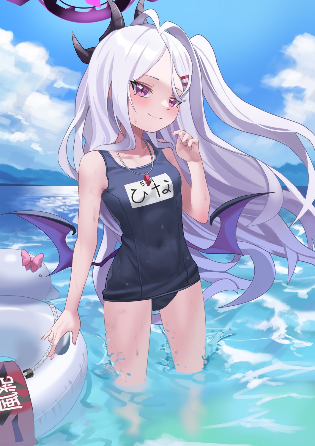 blue_archive ddog devil halo horns loli school_swimsuit sorasaki_hina swimsuits wet wings