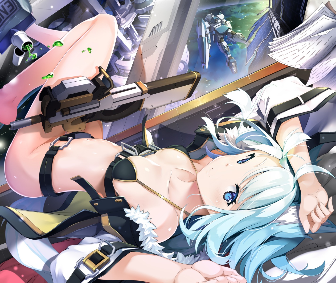 animal_ears bikini_top bottomless gun jie_laite mecha swimsuits