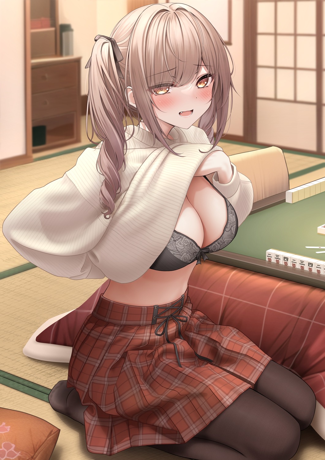 bra monaka_curl pantyhose shirt_lift sweater undressing