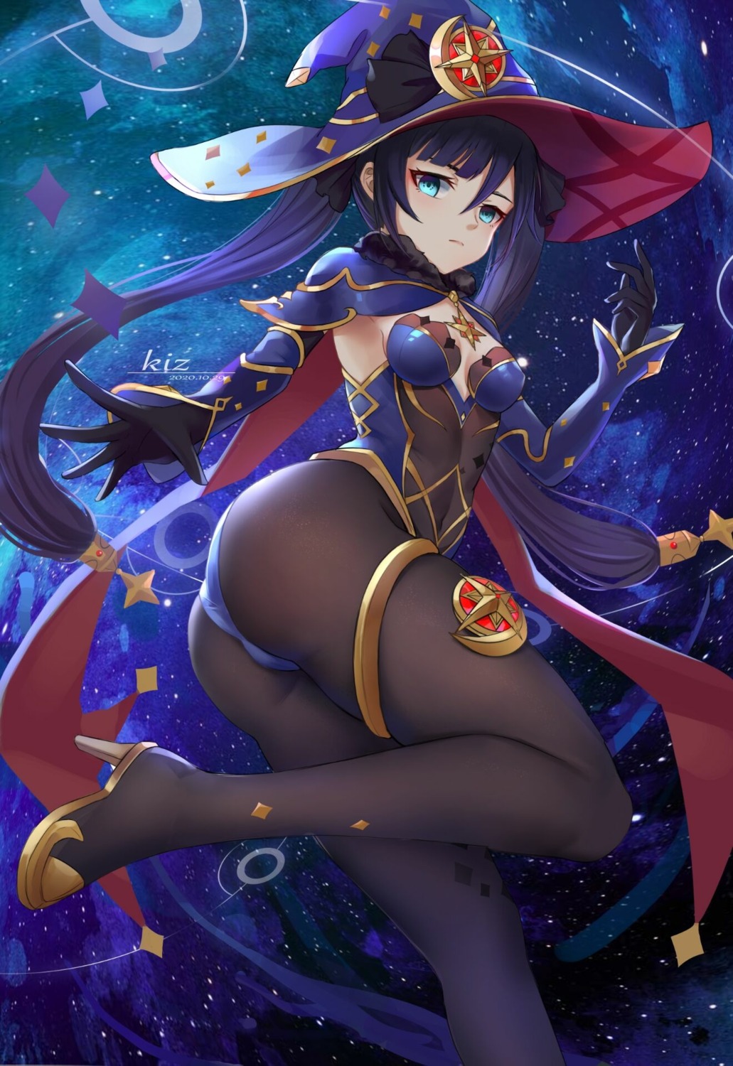 ass garter genshin_impact heels kiz_mk leotard mona_megistus no_bra pantyhose witch