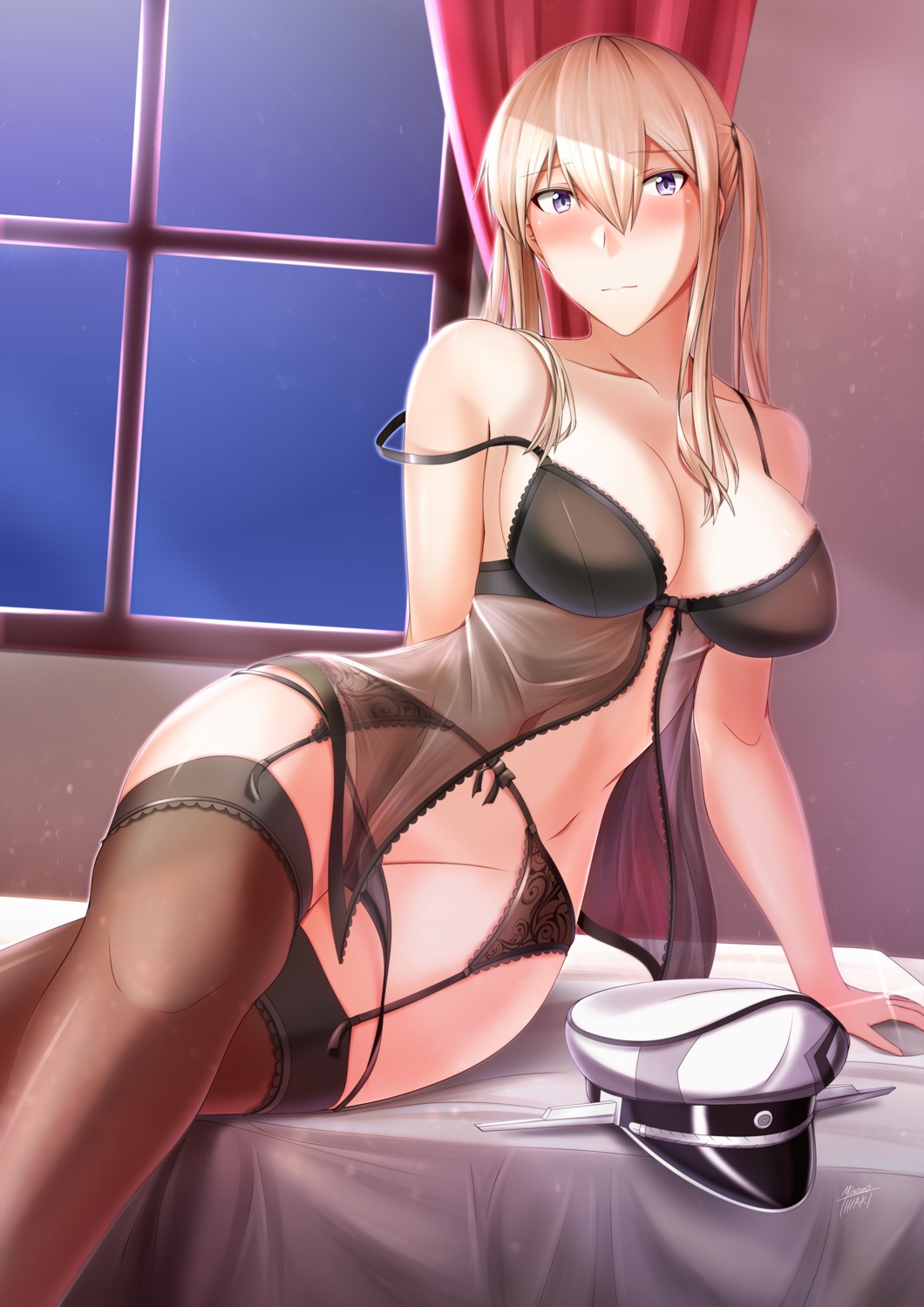 bra garter_belt graf_zeppelin_(kancolle) kantai_collection lingerie misono_thiaki pantsu panty_pull see_through stockings thighhighs