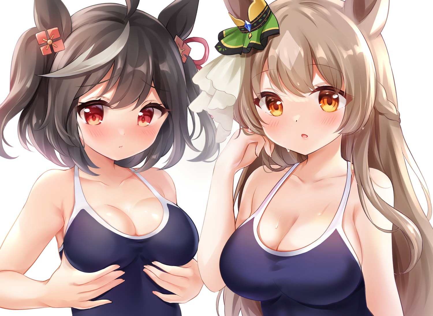 animal_ears breast_hold cleavage kitasan_black_(umamusume) nikoo satono_diamond_(umamusume) school_swimsuit swimsuits uma_musume_pretty_derby