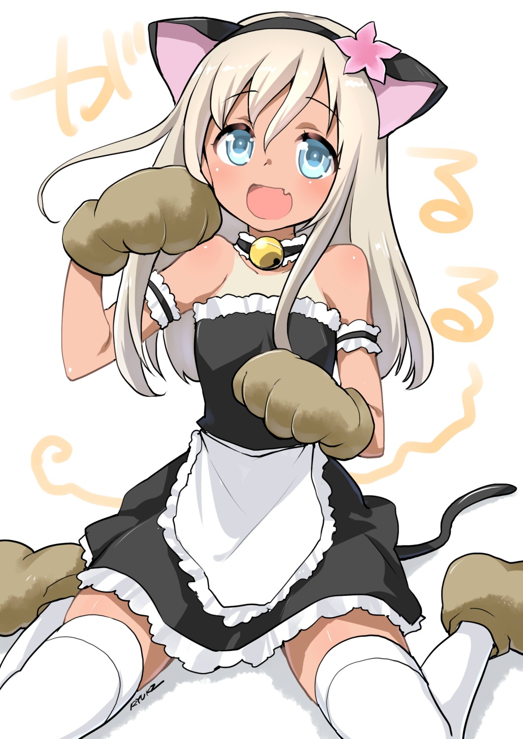 animal_ears kantai_collection maid nekomimi ro-500 ryuki_(pixiv_2328) tail tan_lines thighhighs