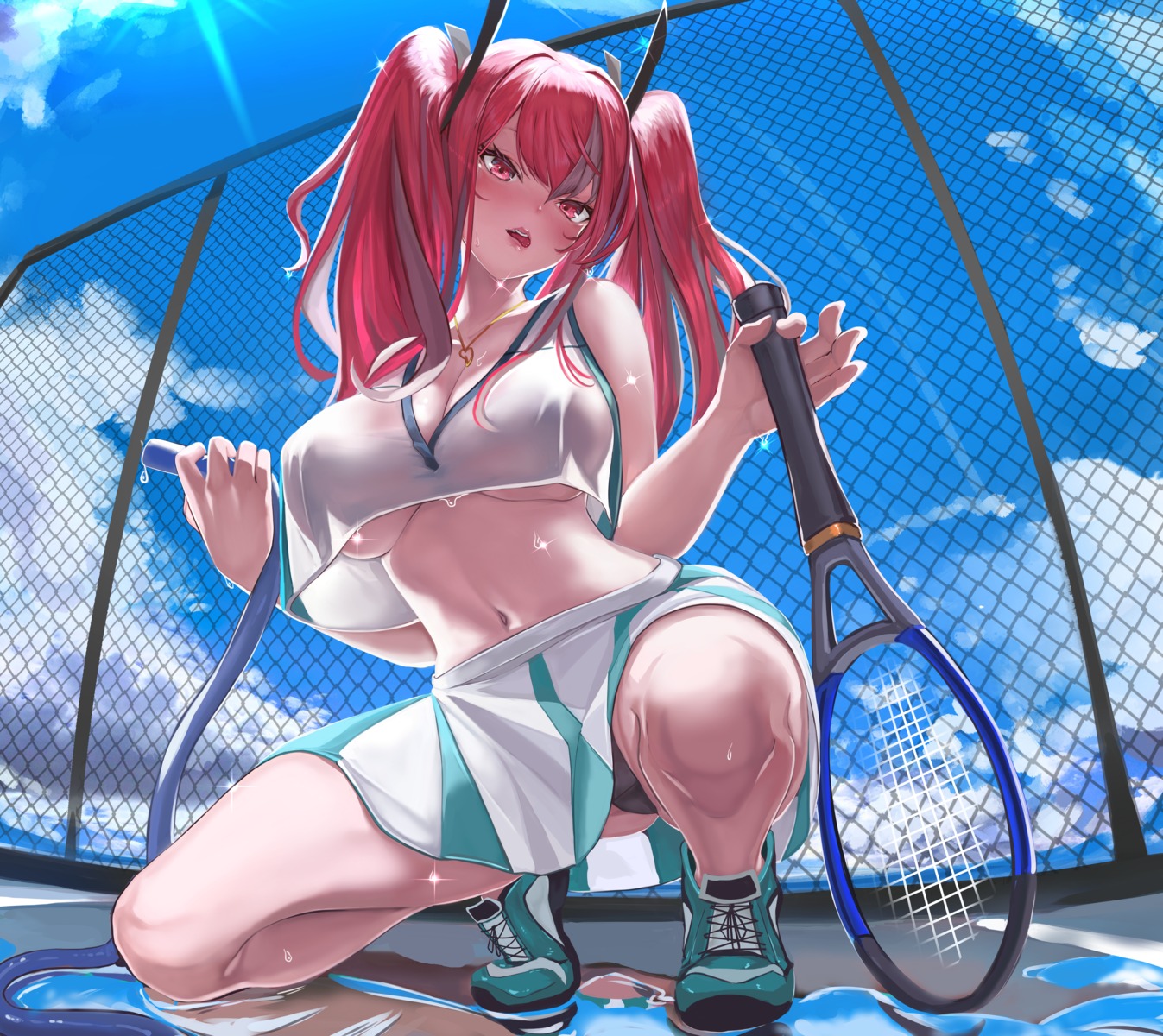 azur_lane bremerton_(azur_lane) nikumocchi no_bra pantsu see_through skirt_lift tennis wet wet_clothes
