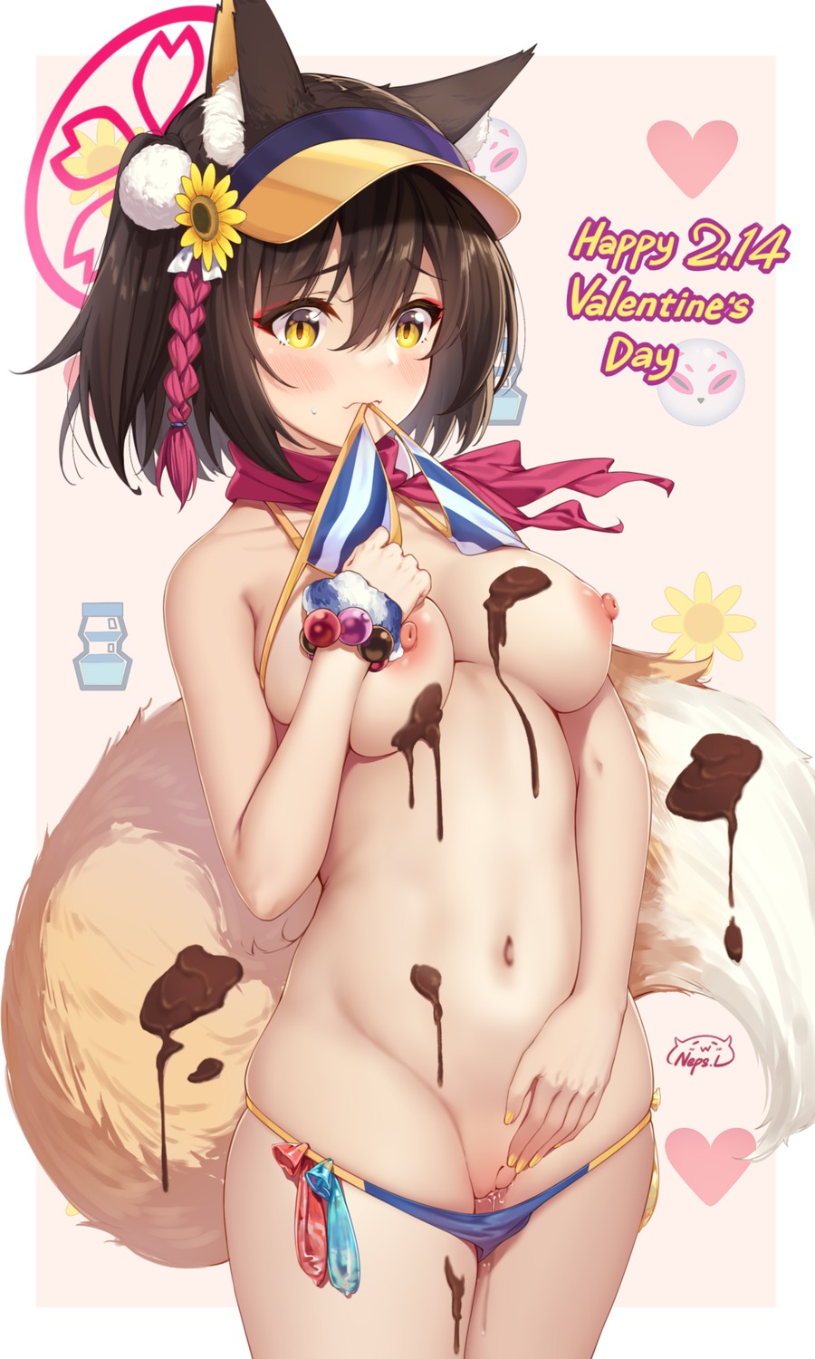 animal_ears bikini blue_archive breast_hold breasts cream halo kitsune kuda_izuna neps-l nipples panty_pull pussy pussy_juice swimsuits tail uncensored valentine