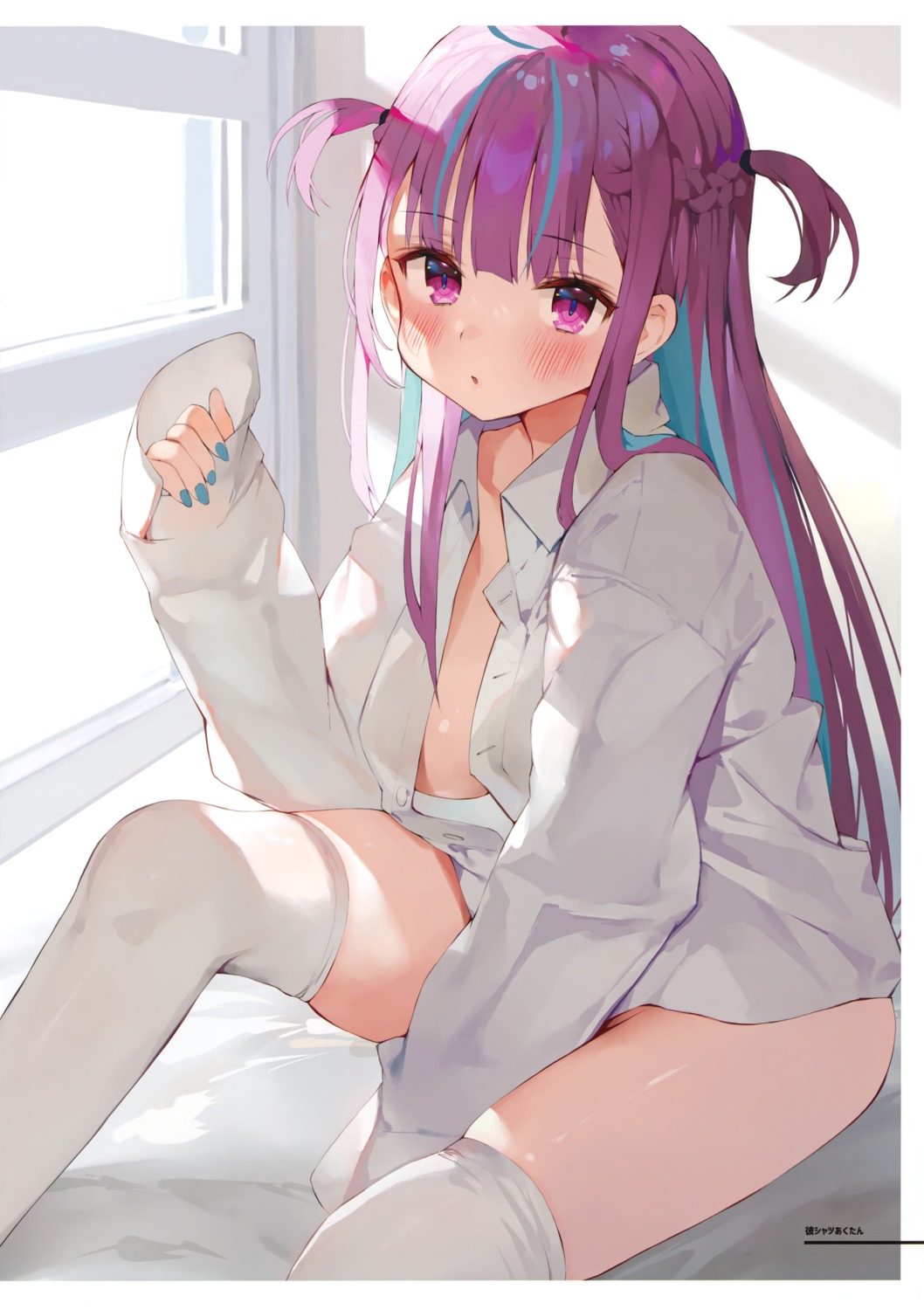 dress_shirt gaou hololive macaron_taitei minato_aqua no_bra open_shirt thighhighs