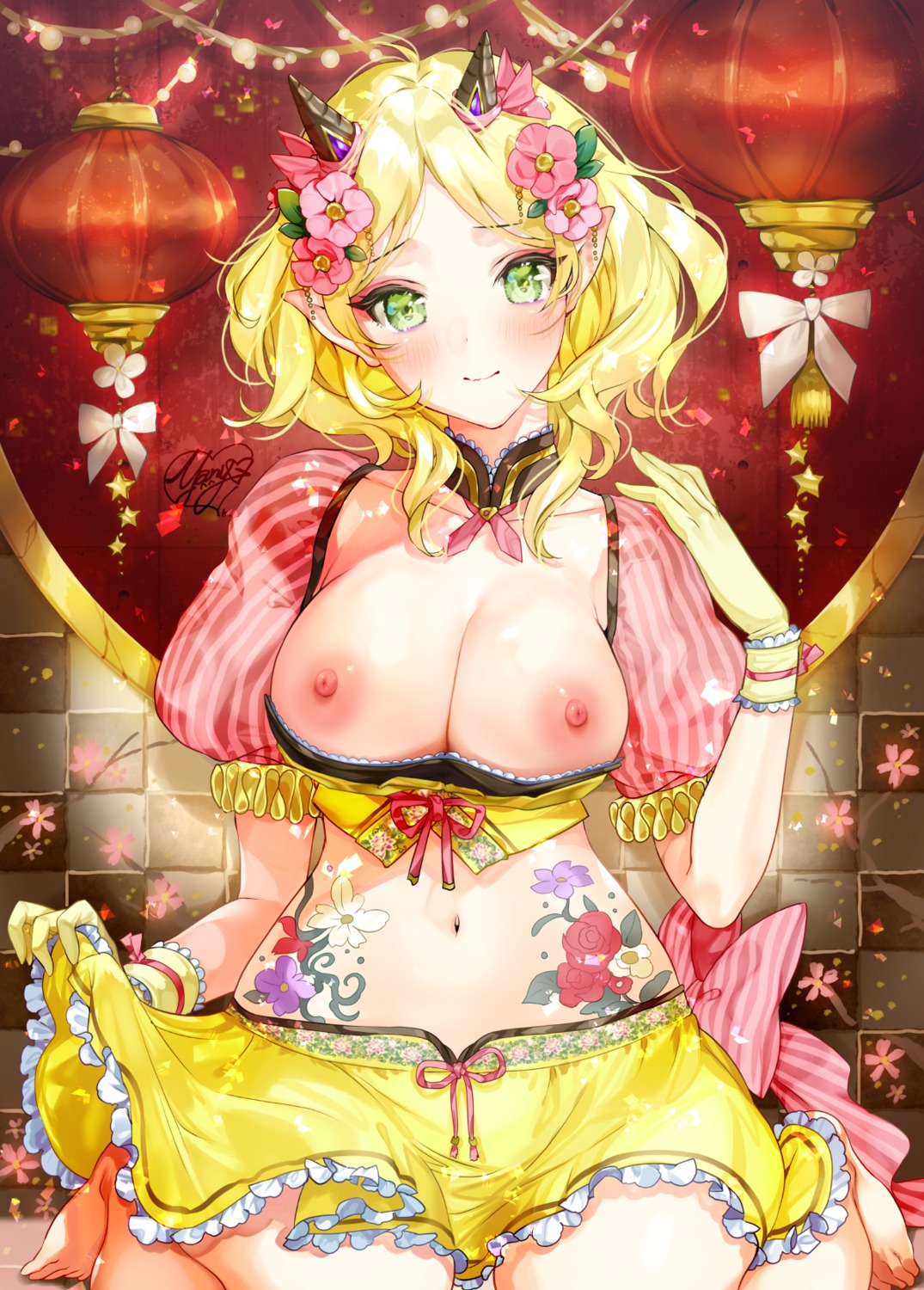 breasts horns nipples no_bra open_shirt pointy_ears skirt_lift tattoo yanyo_(ogino_atsuki)