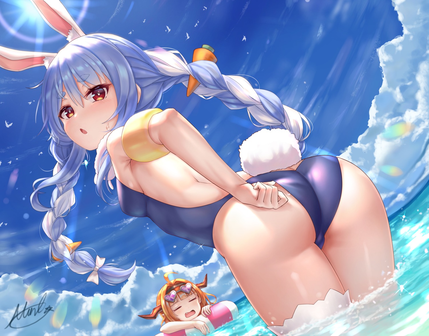 animal_ears ass bunny_ears hololive horns kiryuu_coco megane miko_no_kamiko swimsuits tail thighhighs usada_pekora wet