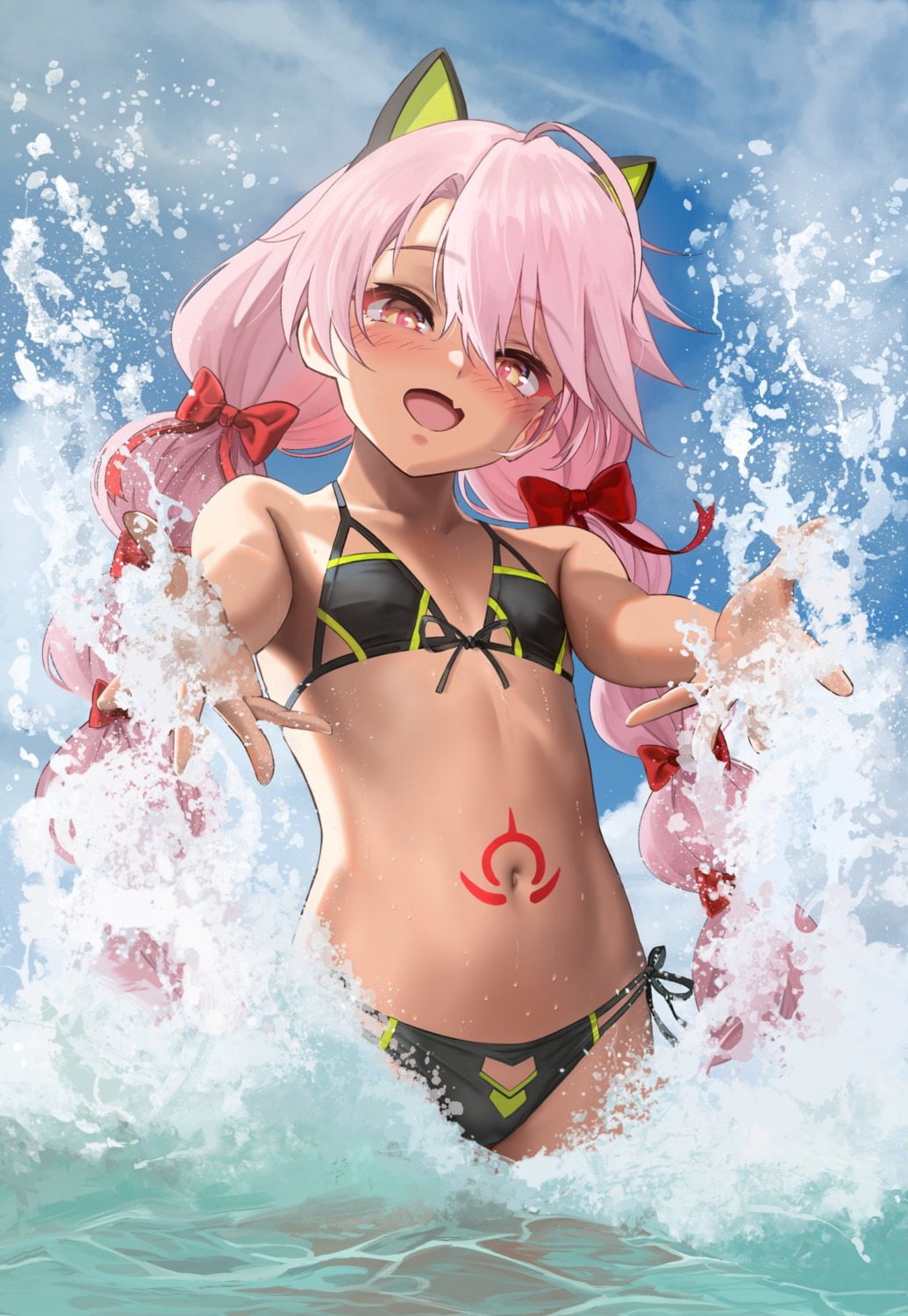 animal_ears bikini chloe_von_einzbern fate/kaleid_liner_prisma_illya fate/stay_night nekomimi swimsuits tattoo wet yamaneko_(tkdrumsco)