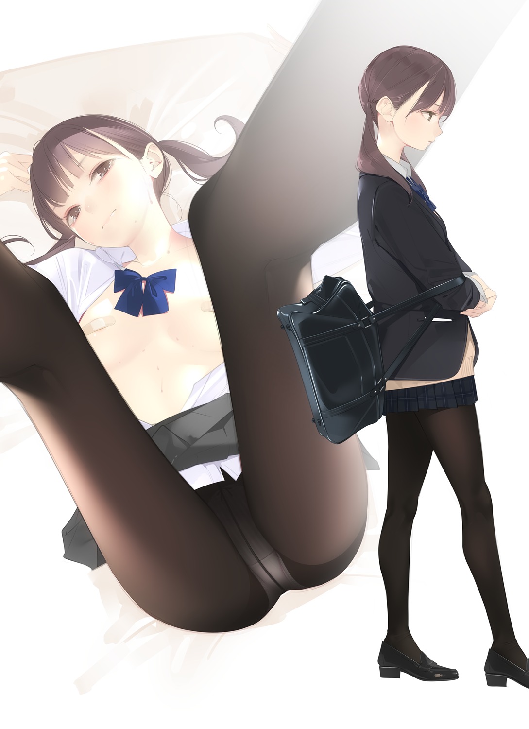 ama_mitsuki bandaid breasts heels no_bra open_shirt pantsu pantyhose pasties seifuku skirt_lift sweater