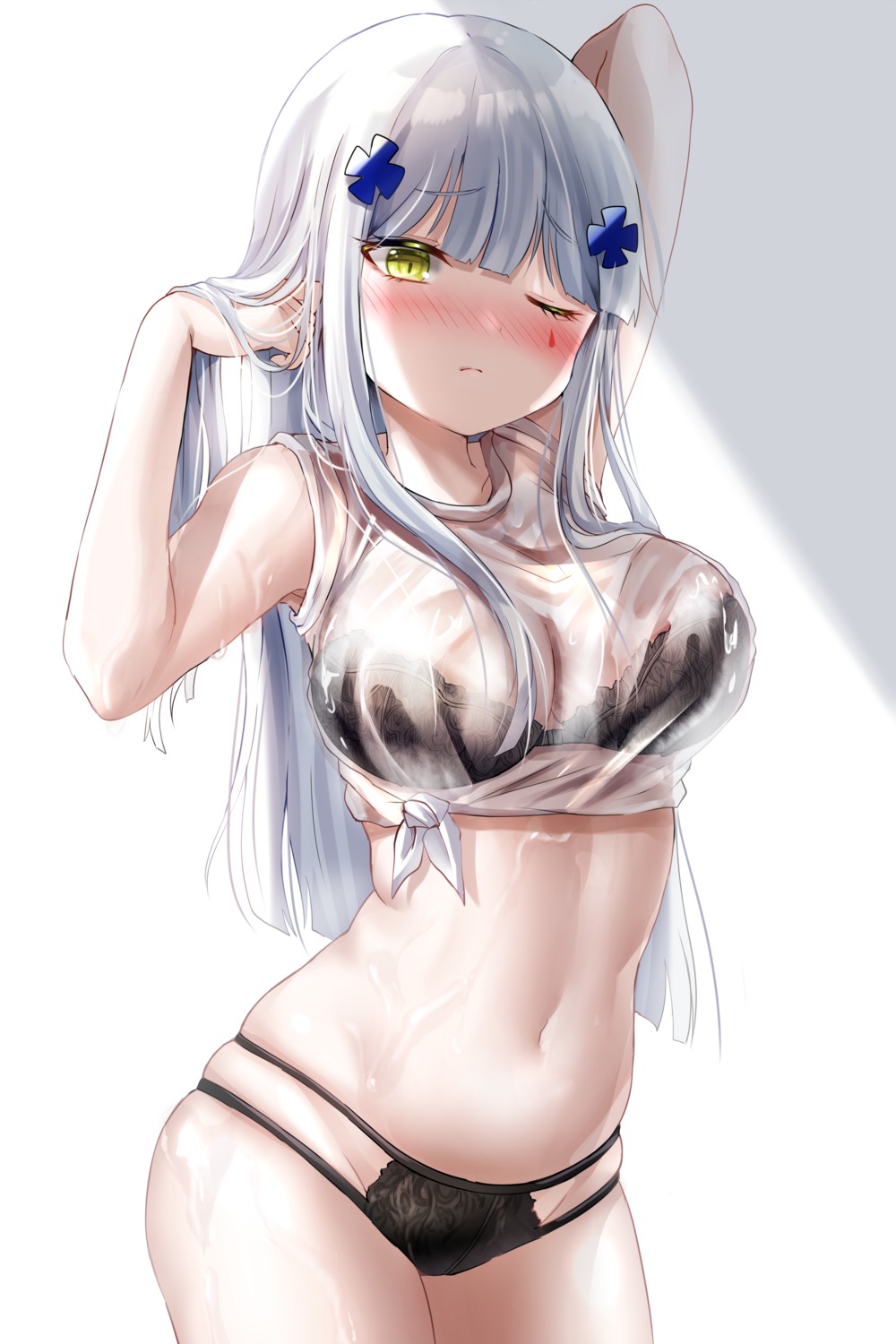 bra girls_frontline hk416_(girls_frontline) honyang pantsu see_through shirt_lift wet wet_clothes