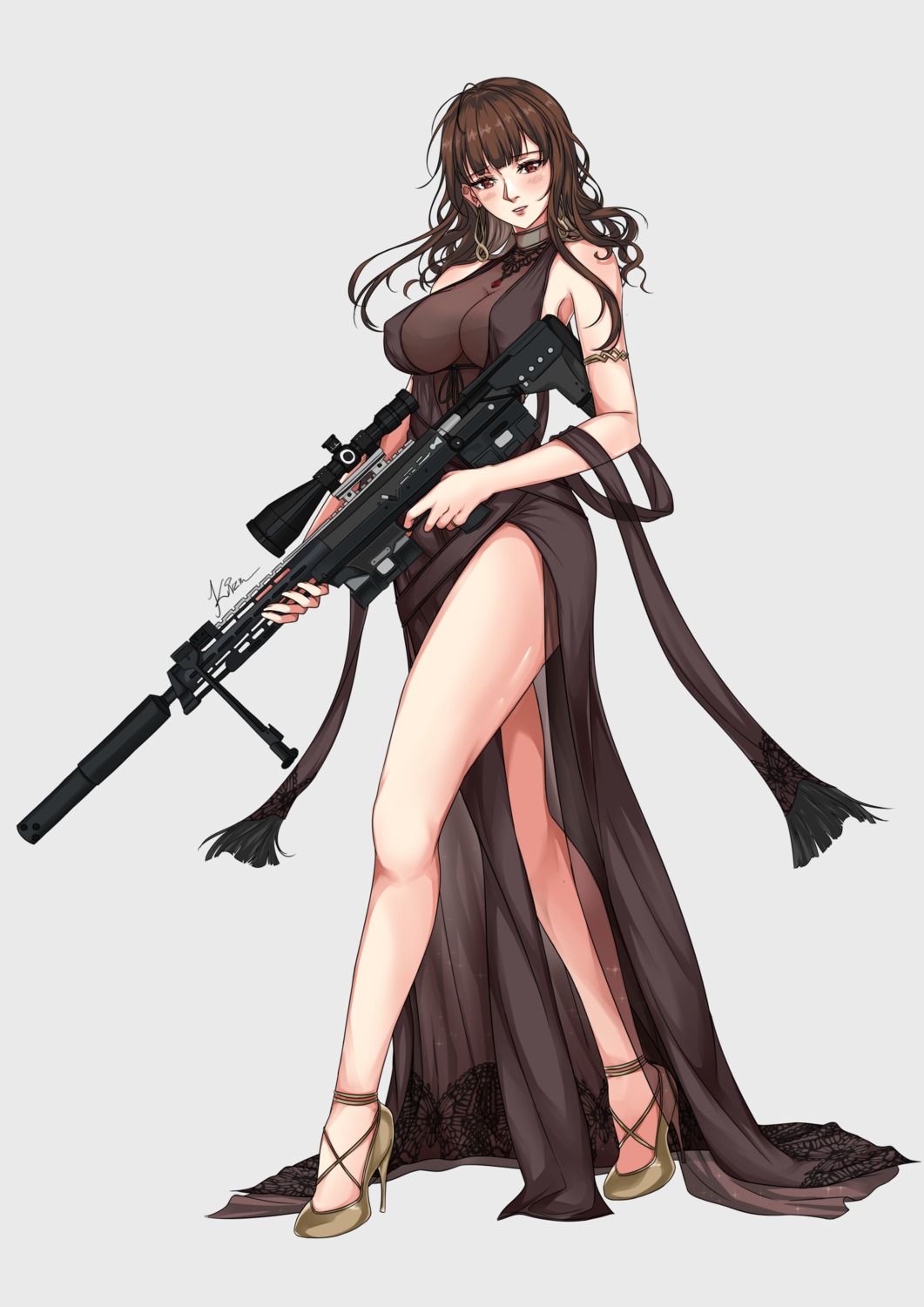 cleavage dress dsr-50_(girls_frontline) erect_nipples girls_frontline gun heels kizuchi_r no_bra see_through