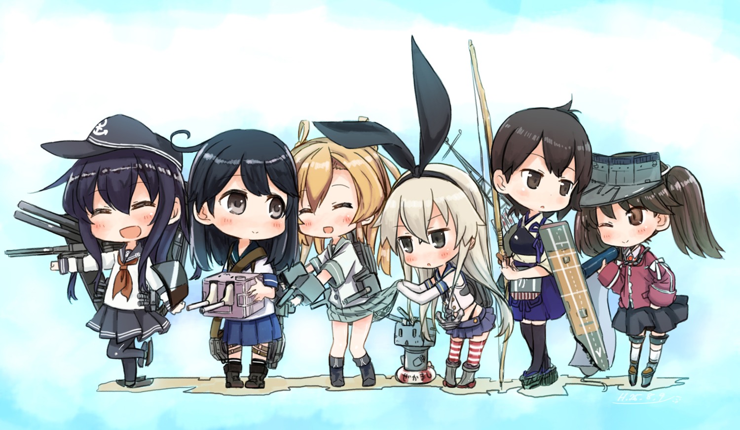 abe_kanari abukuma_(kancolle) akatsuki_(kancolle) chibi kaga_(kancolle) kantai_collection pantyhose rensouhou-chan ryuujou_(kancolle) seifuku shimakaze_(kancolle) thighhighs ushio_(kancolle)